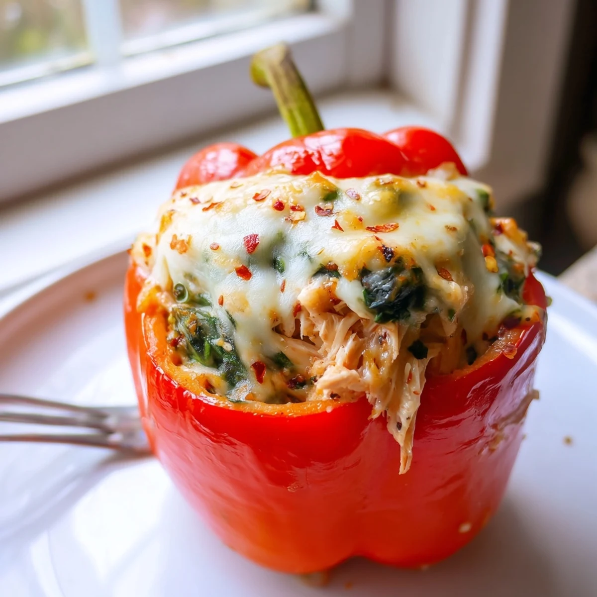 Golden baked chicken Florentine stuffed peppers with bubbling mozzarella on top