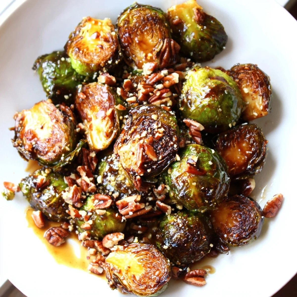 Golden honey balsamic Brussels sprouts roasted crispy and drizzled with sticky glaze on a white serving platter