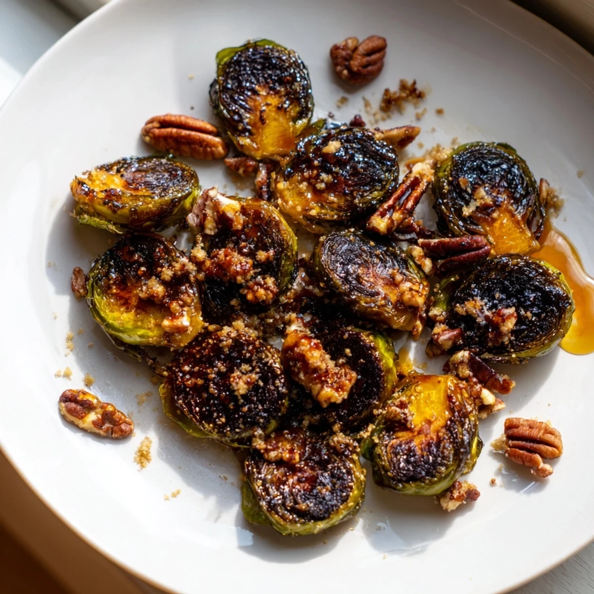 Caramelized honey balsamic Brussels sprouts with charred edges piled in a rustic dish alongside toasted pecans
