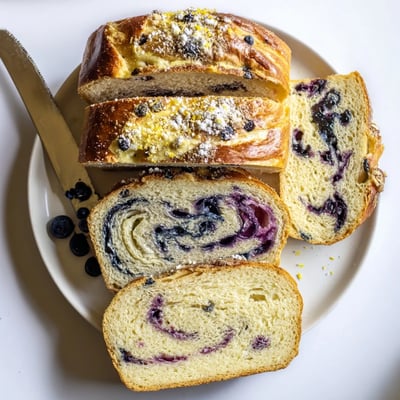 Fresh Blueberry Lemon Cream Cheese Sourdough loaf with juicy berries and zesty lemon on wooden board.