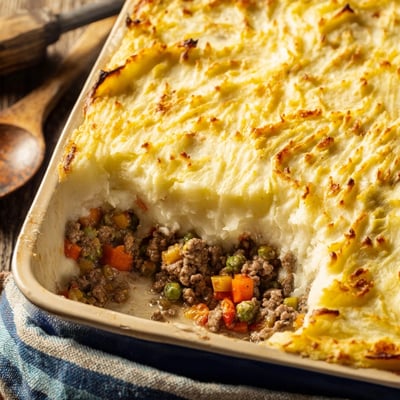 A hearty slice of Shepherd’s Pie with creamy garlic mashed potatoes reveals layers of savory meat and vegetables under fluffy topping.