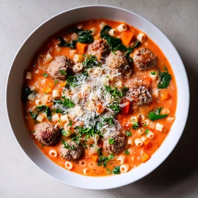 Ladle dipping into a pot of Creamy Italian Meatball Soup, featuring ditalini pasta and fresh basil garnish beside a slice of crusty bread.