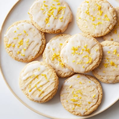 Freshly baked Limoncello Cookies with a shiny lemon glaze, served on a rustic wooden board for a summer gathering.