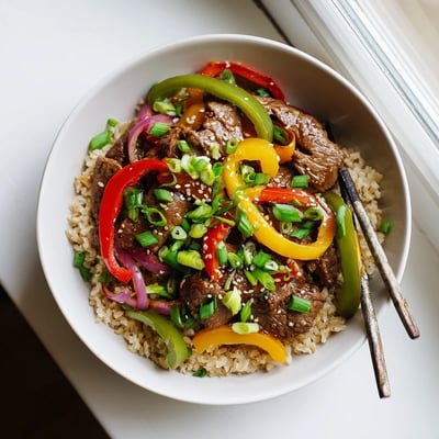 Protein-packed Healthy Beef and Pepper Rice Bowl featuring tender beef strips over fluffy brown rice