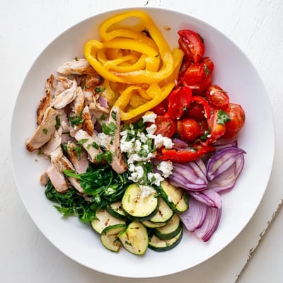 Sizzling skillet of Mediterranean chicken stir fry with spinach, tomatoes, and lemon herb aromatics