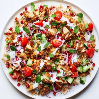 Golden spiced chicken served over crispy rice with vegetables in this Middle Eastern shawarma salad