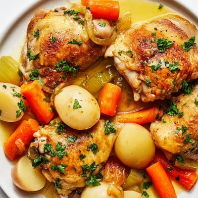 Wholesome savory slow cooker chicken with baby potatoes and carrots garnished with fresh green parsley