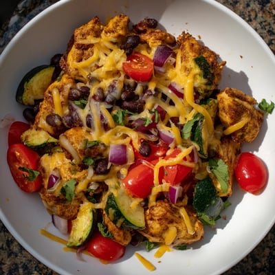 One-pan Tex Mex chicken and zucchini topped with melted cheese and fresh cilantro garnish