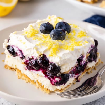 Sliced Lemon Blueberry Lasagna Recipe with buttery cookie crust and fluffy whipped topping