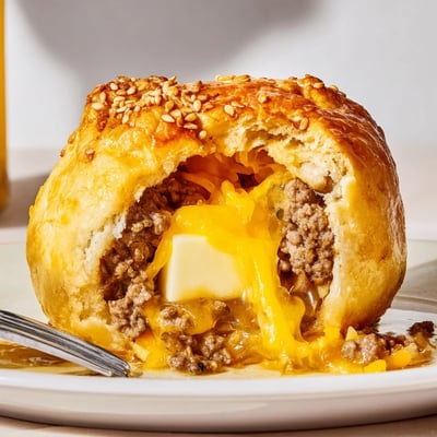 Handheld Cheesy Cheeseburger Bombs Explosion Recipe split open, oozing melted cheddar