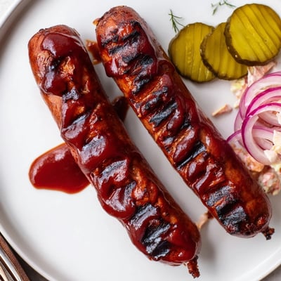 Grilled BBQ Sausage Recipe served in toasted buns with pickles and coleslaw