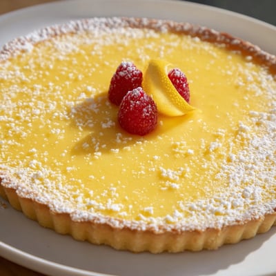 Slice of Creamy Lemon Tart Recipe glistening, silky filling with fresh berries