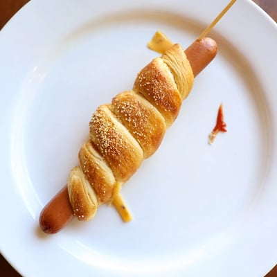 Warm Firecracker Hot Dogs Recipe spiraled in flaky crescent dough, brushed butter
